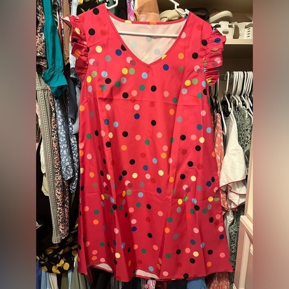 SHEIN Pink with Rainbow Polka Dots Ruffle Sleeve Dress Teacher Bright Colorful - Picture 2 of 11